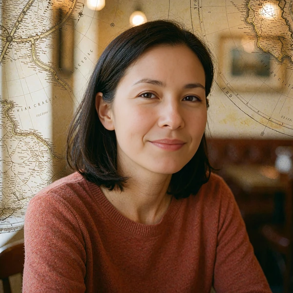 Young woman in a rust knit top smiling in a café - MatureSearch review member feedback portrait